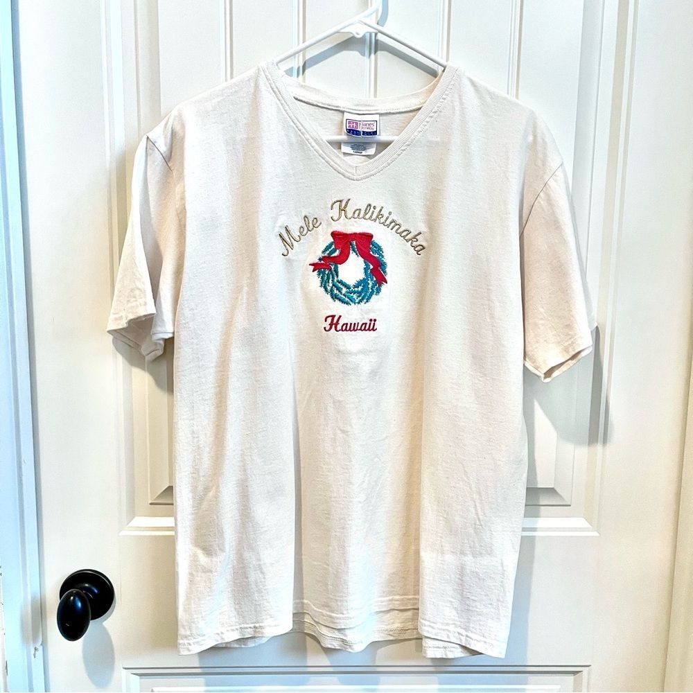 Mele kalikimaka Hawaii Christmas Tee Shirt Cream Size Large VINTAGE Christmas